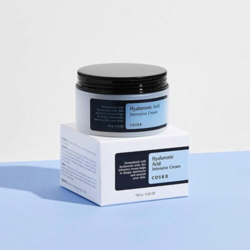 A 100g jar of Cosrx Hyaluronic Acid Intensive Cream, formulated with sodium hyaluronate, sea buckthorn oil, and panthenol to hydrate, soothe, and protect dry, sensitive skin.